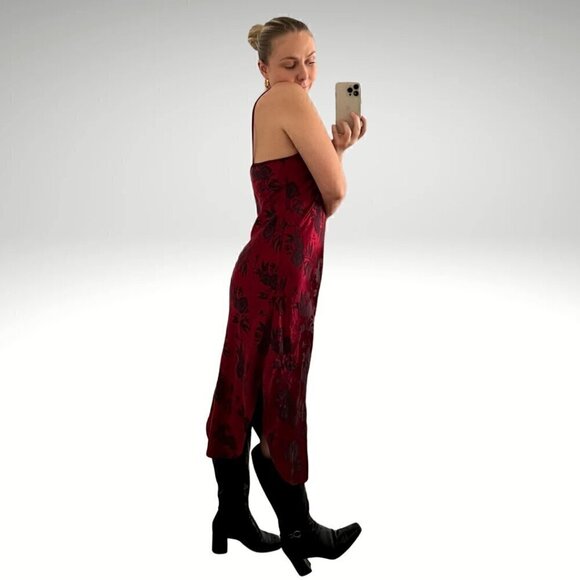 90's Red with Black Floral Print Lace Trimmed Maxi Slip Dress - Picture 1 of 6